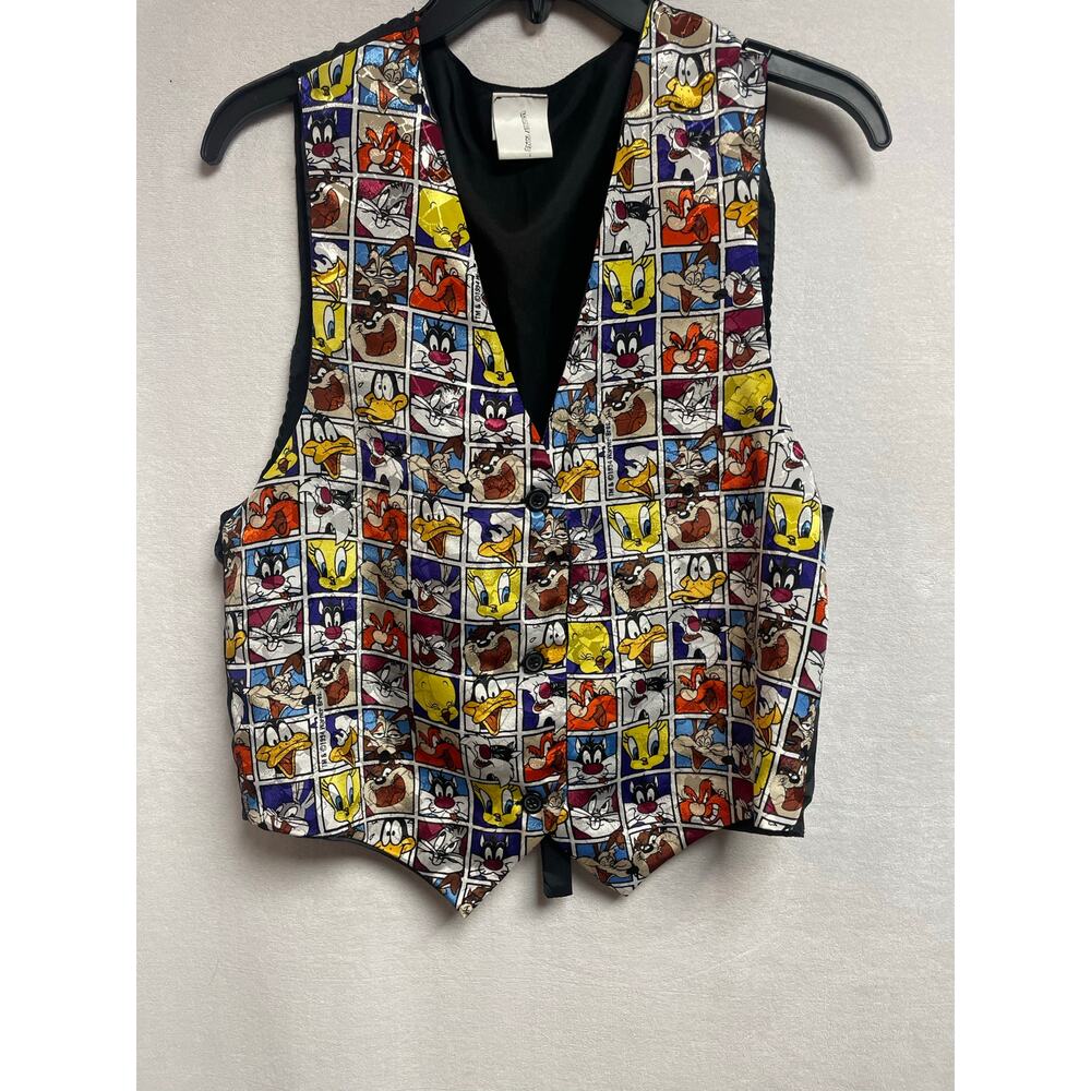 Looney Tunes Vest black one sz 1993 silky polyester Taz Tweety character men vtg